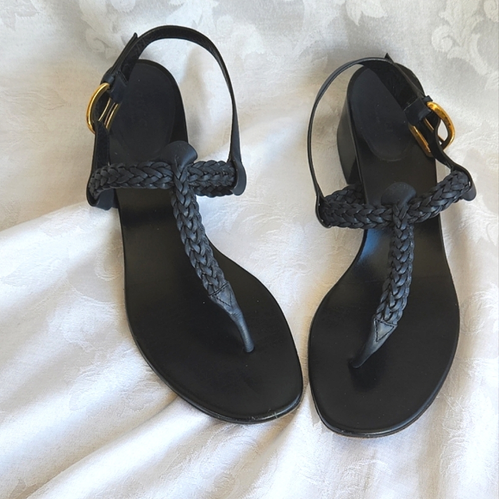 Gucci Black Braided Leather T-Strap Sandals with Gold Buckle